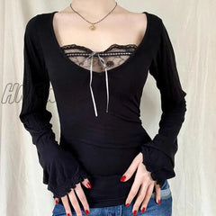 Hnewly Sexy Lace Patchwork Solid Casual Basic Tshirt Women Vintage Black Long Sleeve Top Tees Cute