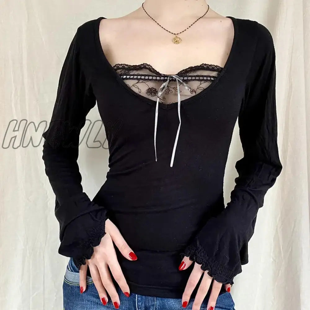Hnewly Sexy Lace Patchwork Solid Casual Basic Tshirt Women Vintage Black Long Sleeve Top Tees Cute