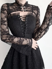 Hnewly Sexy Lace Short Sweatshirts Women Vintage Flower Embroidery Long Sleeve Gothic Streetwear