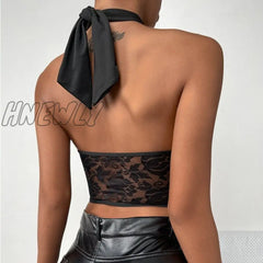 Hnewly Sexy Lace Spliced Cross Halter Bustiers Crop Tops Women Cut Out Plunge V Tank Party Club