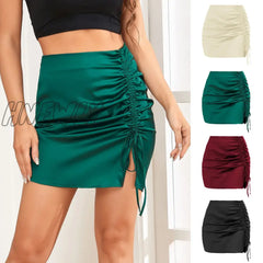 Hnewly Sexy Lace Up A-Line Bodycon Skirts Summer High Elastic Waist Women Ribbon Skirt Green / S
