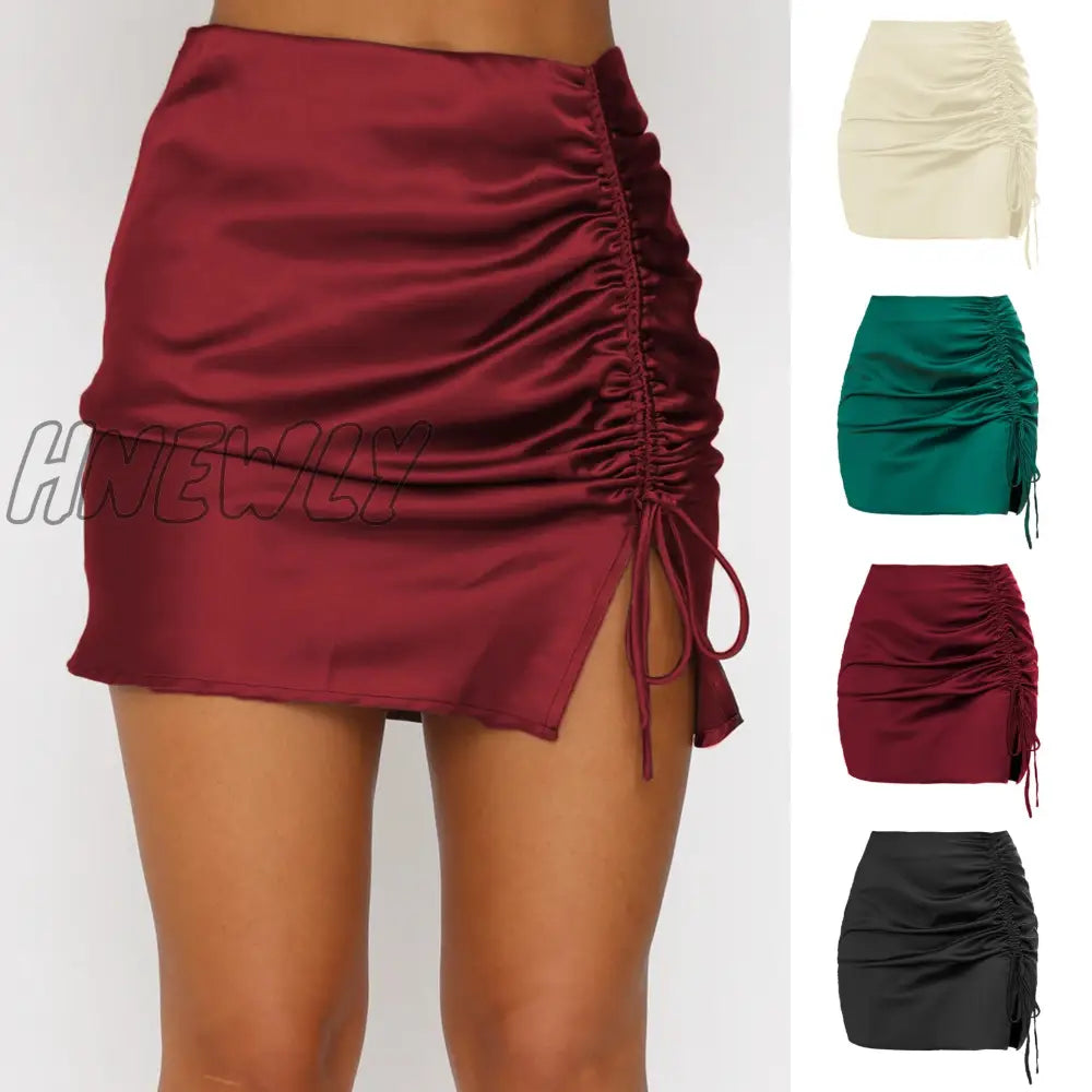 Hnewly Sexy Lace Up A-Line Bodycon Skirts Summer High Elastic Waist Women Ribbon Skirt Wine Red / S