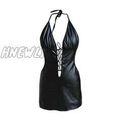 Hnewly Sexy Lingerie Latex Mini Dress Hollow Out Bandage Bodycon Pu Leather Porno Black Underwear