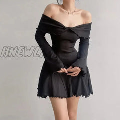 Hnewly Sexy Low-Cut Off Shoulder Dress Elegant Flare Long Sleeve Twist Knot Mini Dresses Y2K