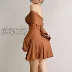 Hnewly Sexy Low-Cut Off Shoulder Dress Elegant Flare Long Sleeve Twist Knot Mini Dresses Y2K