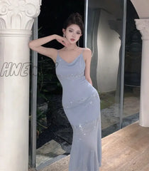 Hnewly Sexy Mermaid Diamond Sling Wrap Hip Long Dress 2024 Summer New Fairy Swinging Neck Shiny