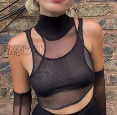 Hnewly Sexy Mesh Top See Through Knitted Straped Women Tank Tops 2 Pieces Streetwear With Gloves