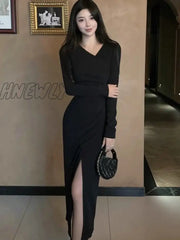 Hnewly Sexy Midi Dress Women Solid Folds Design Slim High Slit V-Neck Long Sleeves Autumn Fashion