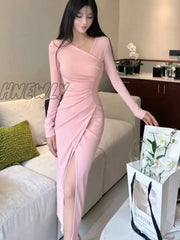 Hnewly Sexy Midi Dress Women Solid Folds Design Slim High Slit V-Neck Long Sleeves Autumn Fashion