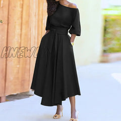 Hnewly Sexy Oblique Collar Off Shoulder Party Dress Women Fashion Elegant Temperament Solid Long