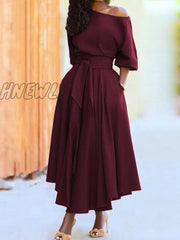 Hnewly Sexy Oblique Collar Off Shoulder Party Dress Women Fashion Elegant Temperament Solid Long