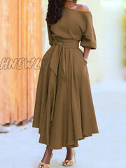 Hnewly Sexy Oblique Collar Off Shoulder Party Dress Women Fashion Elegant Temperament Solid Long