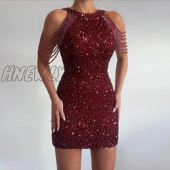 Hnewly Sexy Off Shoulder Sleeveless Slim Mini Party Dress Ladies Elegant Sequin Shiny O Neck Summer