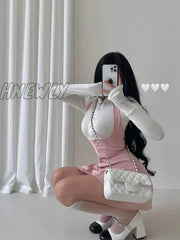 Hnewly Sexy Polo Collar Single Breasted Long Sleeve T-Shirt Hanging Neck Wrap Hip Dress Short Skirt