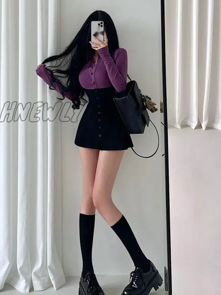 Hnewly Sexy Polo Collar Single Breasted Long Sleeve T-Shirt Hanging Neck Wrap Hip Dress Short Skirt