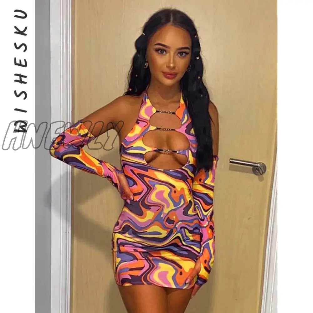 Hnewly Sexy Print Halter Neck Cut Out Bodycon Mini Dress Women Half Sleeve Backless Stretchy