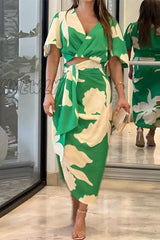 Hnewly - Sexy Print Patchwork Fold V Neck Short Sleeve Two Pieces Green / S Pieces/Two-Piece Dress