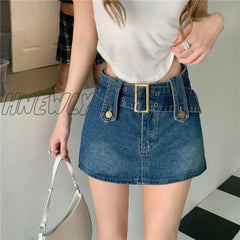 Hnewly Sexy Punk Denim Micro Skirt Women Y2K Skort Summer Korean Belt Low Waist Slim Black Jeans