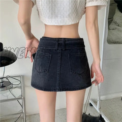 Hnewly Sexy Punk Denim Micro Skirt Women Y2K Skort Summer Korean Belt Low Waist Slim Black Jeans