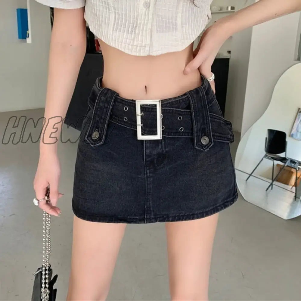 Hnewly Sexy Punk Denim Micro Skirt Women Y2K Skort Summer Korean Belt Low Waist Slim Black Jeans