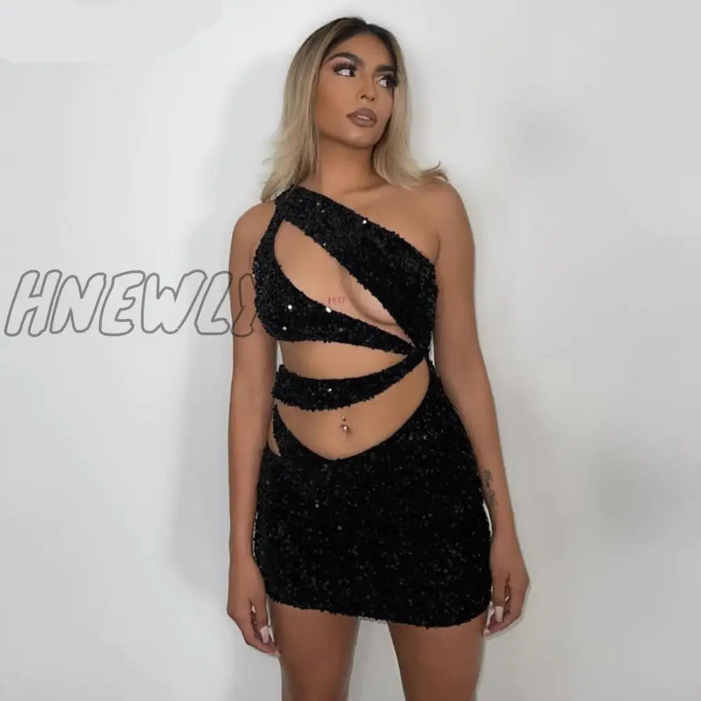 Hnewly Sexy Sequins Trend Women Mini Dress One Shoulder Hollow Out Elastic Bodycon Waistless Skinny