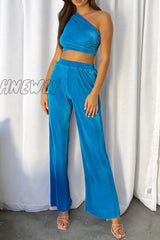 Hnewly - Sexy Simplicity Solid Oblique Collar Sleeveless Two Pieces Blue / S Pieces/Two-Piece Pants