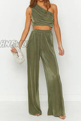 Hnewly - Sexy Simplicity Solid Oblique Collar Sleeveless Two Pieces Green / S Pieces/Two-Piece