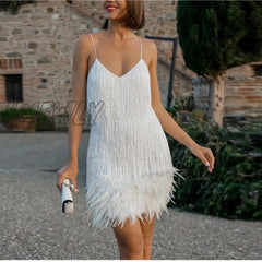 Hnewly Sexy Sleeveless V-Neck Tassel Mini Dress Women Elegant Evening Party Bodycon Dresses Summer