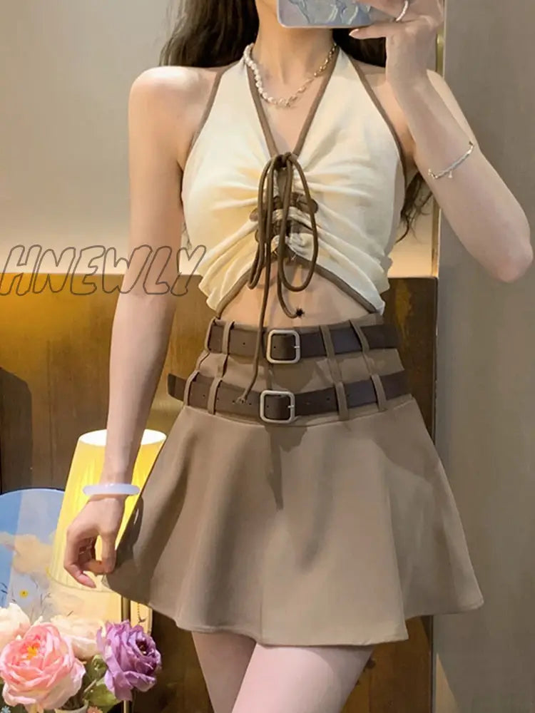 Hnewly Sexy Slim 2 Piece Dress Set Women Casual Y2K Crop Tops + Short Skirts Fashion Suits Korean