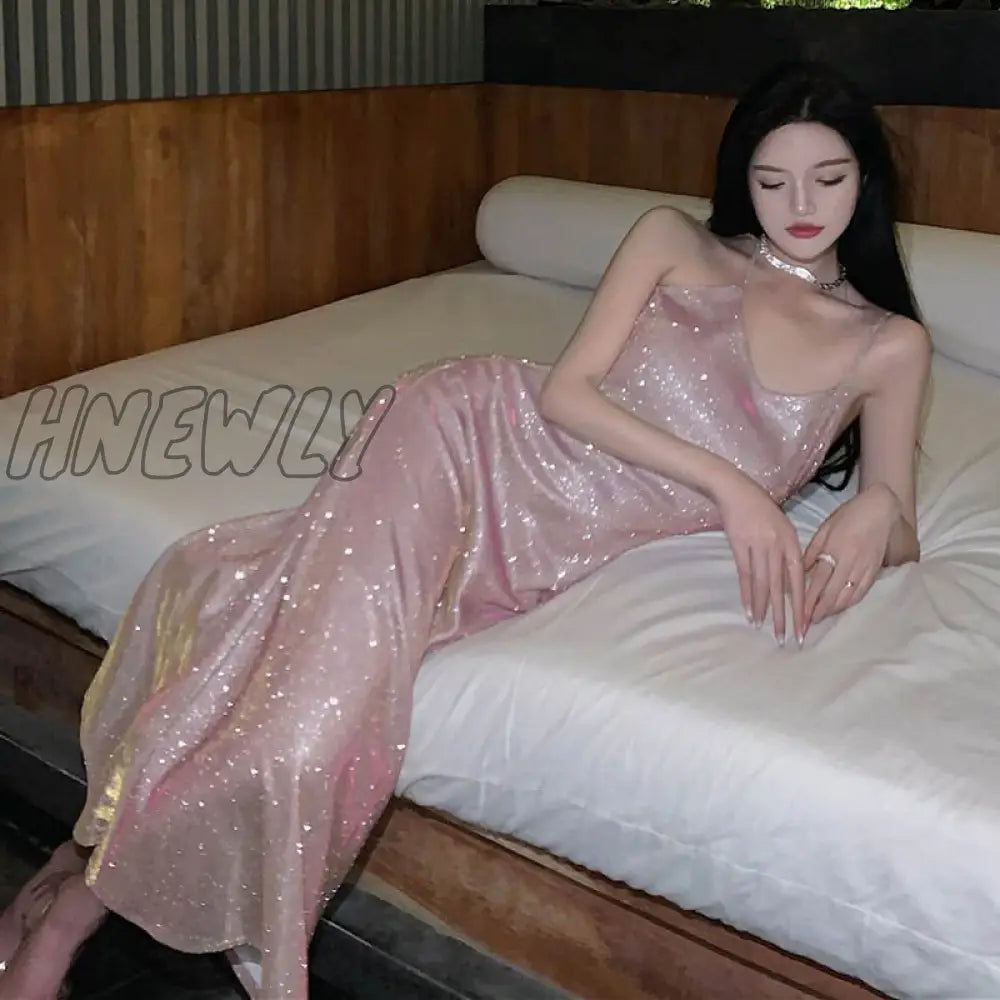 Hnewly Sexy Slim Fit Spaghetti Strap Dress Women Fashion Sequin Off Shoulder Party Woman Elegant