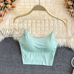 Hnewly Sexy Solid Color Crop Tops Sports Spaghetti Strap Tanke Top Women Built In Bra Off Shoulder