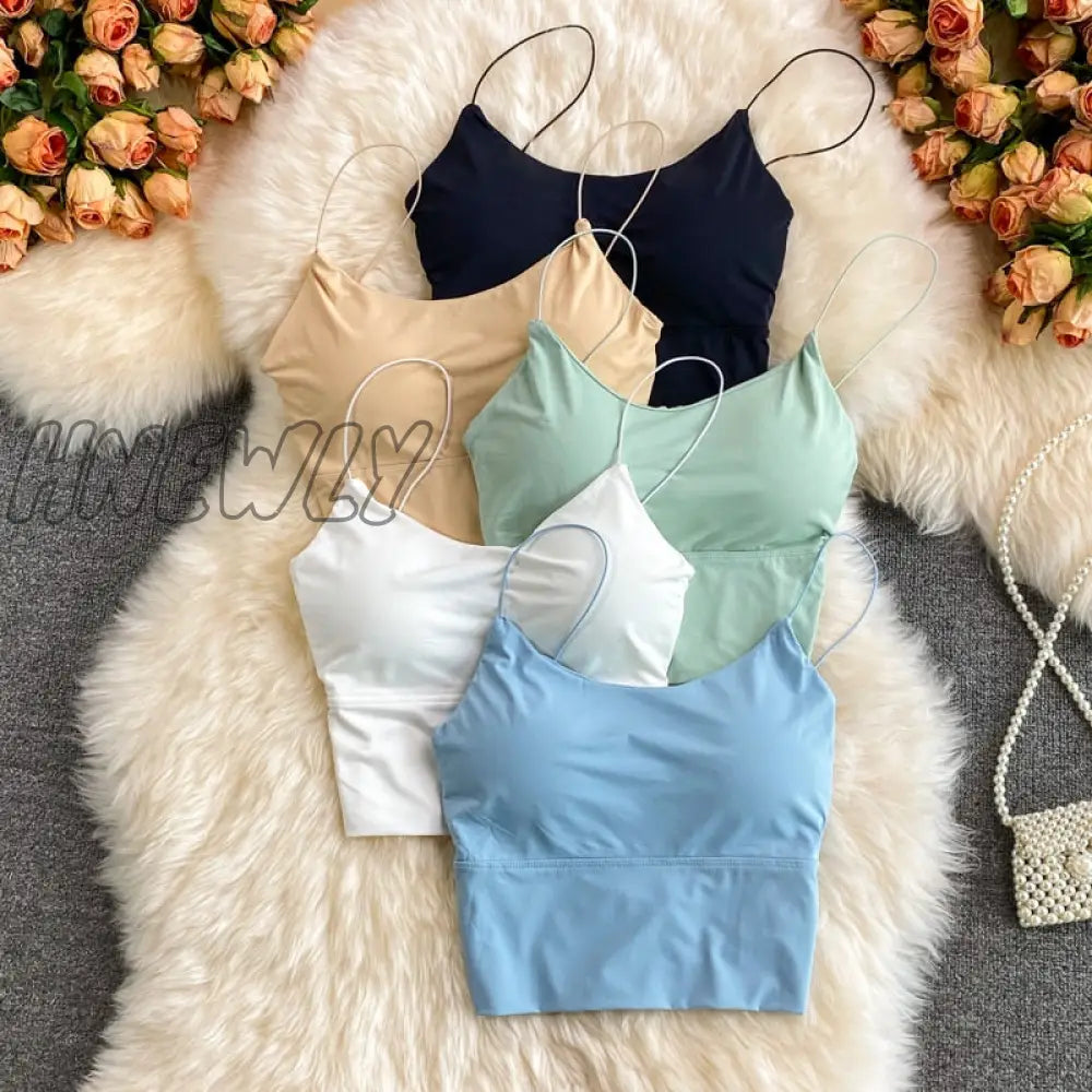 Hnewly Sexy Solid Color Crop Tops Sports Spaghetti Strap Tanke Top Women Built In Bra Off Shoulder