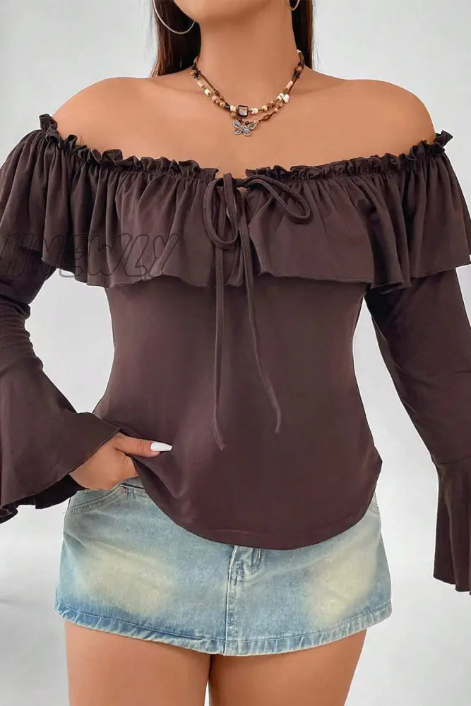 Hnewly - Sexy Solid Flounce Off The Shoulder Plus Size Tops Coffee / 1Xl Size/Plus