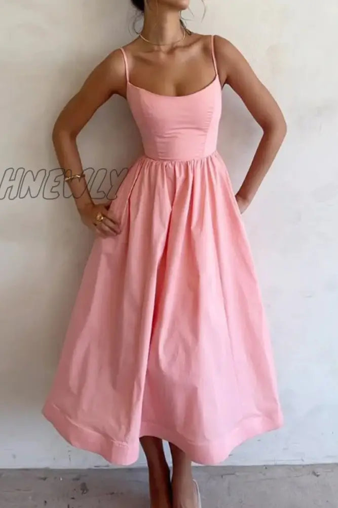 Hnewly - Sexy Solid Fold U Neck Sling Dress Dresses Pink / S Dresses/Summer
