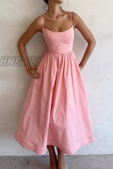 Hnewly - Sexy Solid Fold U Neck Sling Dress Dresses Pink / S Dresses/Summer