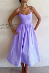 Hnewly - Sexy Solid Fold U Neck Sling Dress Dresses Purple / S Dresses/Summer