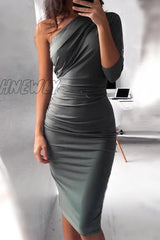 Hnewly - Sexy Solid Patchwork One Shoulder Pencil Skirt Dresses(5 Colors) Grey / S Dresses/Club