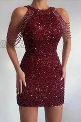 Hnewly - Sexy Solid Sequins Patchwork Strapless Wrapped Skirt Dresses(4 Colors) Burgundy / S