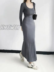 Hnewly Sexy Square Collar Knitted Cotton Maxi Long Mermaid Dress Women Full Sleeve Stretch Basic