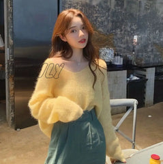 Hnewly Sexy Thin Sweaters Women Vintage Hollow Knitted Pullovers Top Sweet Casual Loose V-Neck