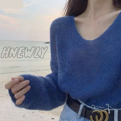 Hnewly Sexy Thin Sweaters Women Vintage Hollow Knitted Pullovers Top Sweet Casual Loose V-Neck