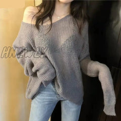 Hnewly Sexy Thin Sweaters Women Vintage Hollow Knitted Pullovers Top Sweet Casual Loose V-Neck