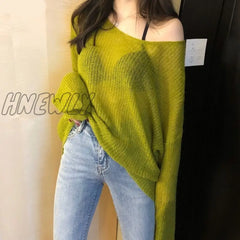 Hnewly Sexy Thin Sweaters Women Vintage Hollow Knitted Pullovers Top Sweet Casual Loose V-Neck