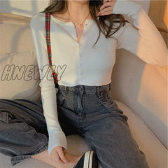 Hnewly Sexy V Neck Button Long Sleeve Sweaters Spring Autumn Women Thin Single Breasted Sweater