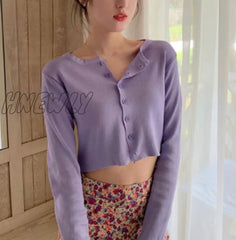 Hnewly Sexy V Neck Button Long Sleeve Sweaters Spring Autumn Women Thin Single Breasted Sweater