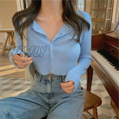 Hnewly Sexy V Neck Button Long Sleeve Sweaters Spring Autumn Women Thin Single Breasted Sweater