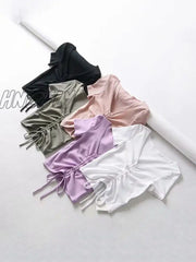 Hnewly Sexy V Neck Cropped Tank Tops Women Drawstring Tie Up Front Camis Candy Colors Streetwear