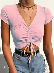 Hnewly Sexy V Neck Cropped Tank Tops Women Drawstring Tie Up Front Camis Candy Colors Streetwear