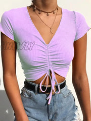 Hnewly Sexy V Neck Cropped Tank Tops Women Drawstring Tie Up Front Camis Candy Colors Streetwear