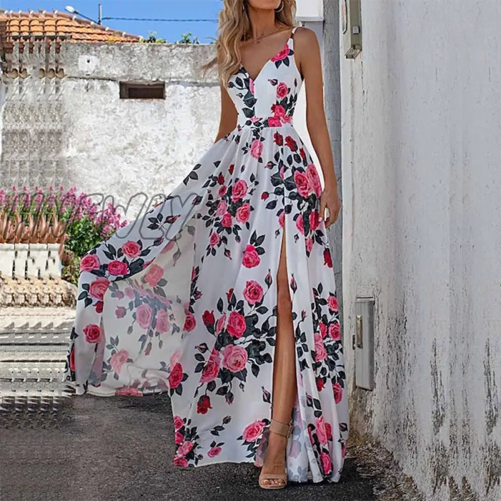 Hnewly Sexy V Neck Floral Print Sling Dress Women Elegant Chic Slit Beach Maxi Summer Fashion Waist